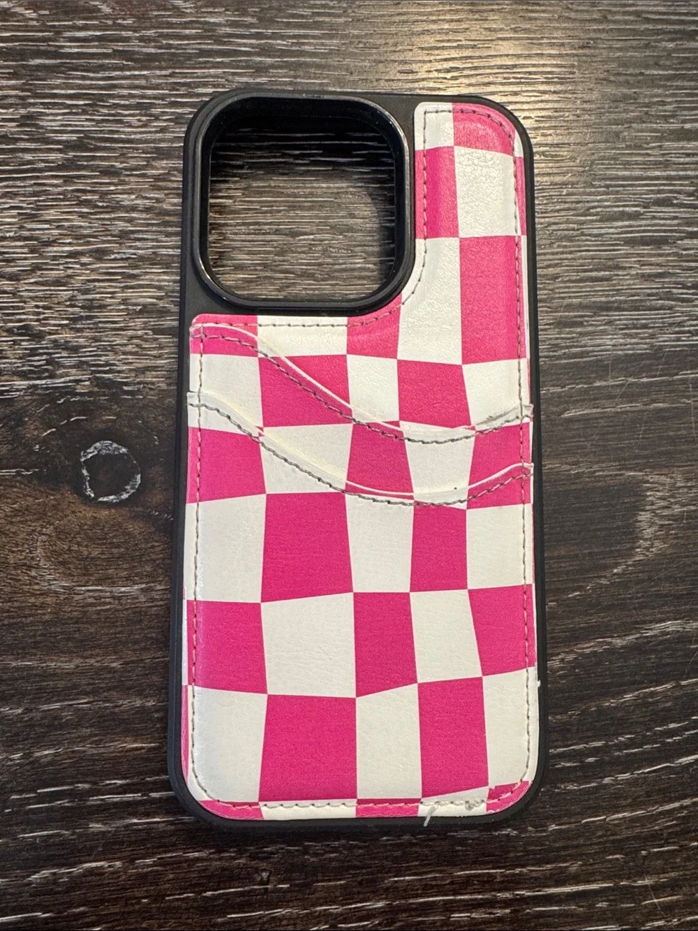 I phone 15 pro Pink and White Checkered Phone Card Wallet Case